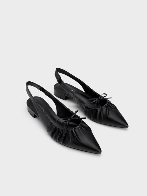 Bow Ruched Slingback Flats, Black, hi-res