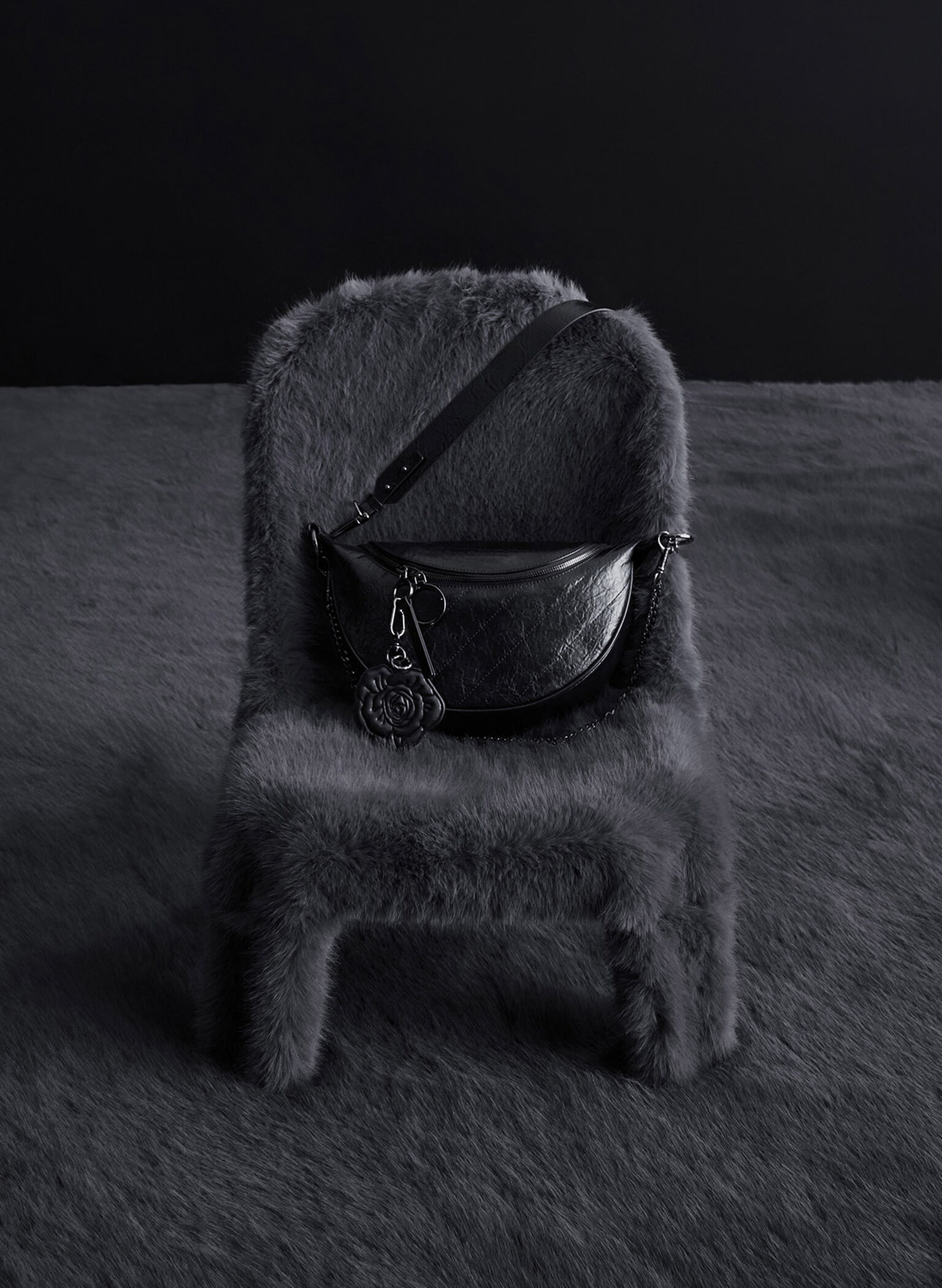 Philomena Rose-Motif Half-Moon Crossbody Bag, Noir, hi-res