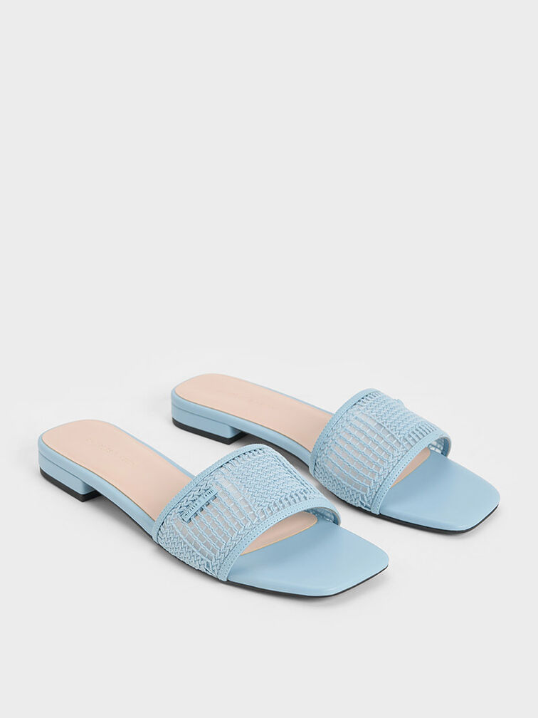 Mesh Knitted Slide Sandals, Blue, hi-res