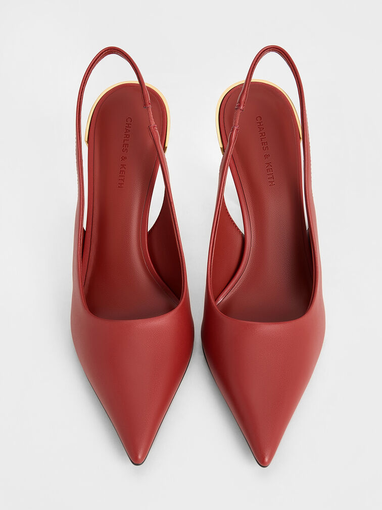 Metallic-Heel Pointed-Toe Slingback Pumps, Brick, hi-res