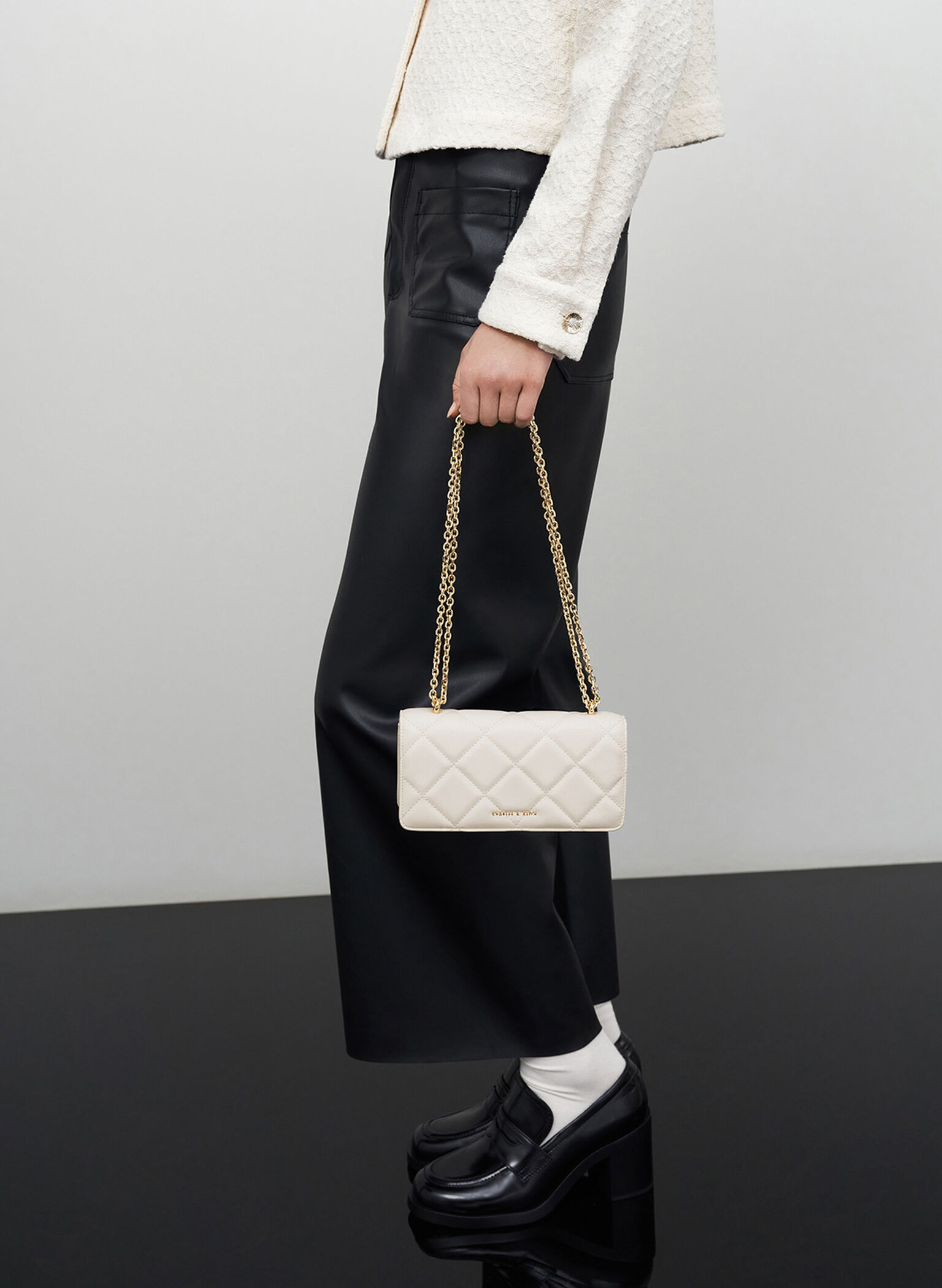 Paffuto Chain Handle Quilted Long Wallet, Cream, hi-res