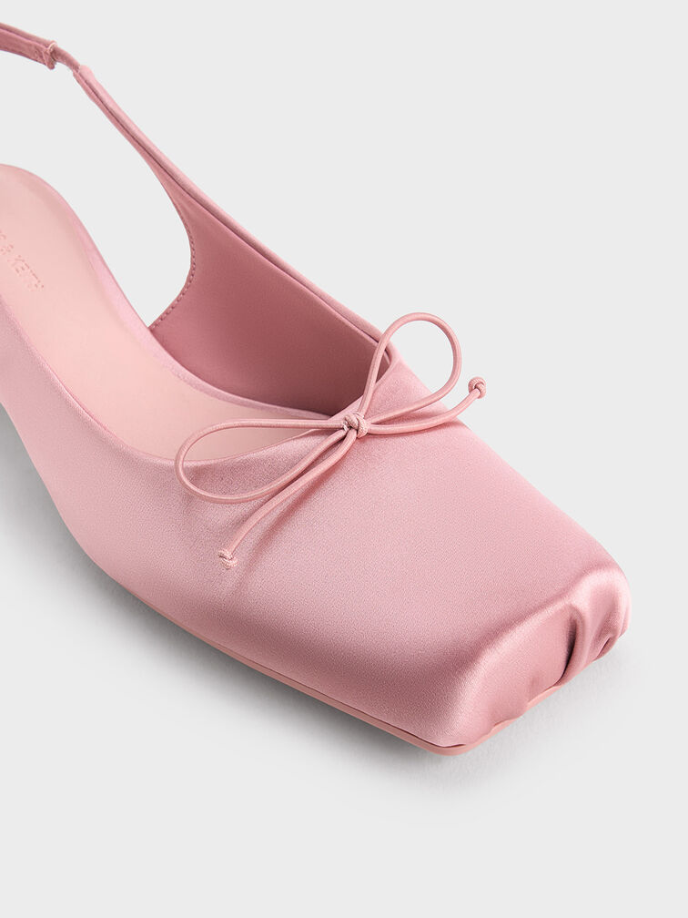 Satin Bow Square-Toe Slingback Pumps, Pink, hi-res