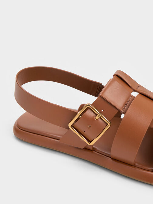 Metallic Buckle Caged Slingback Sandals, Cognac, hi-res