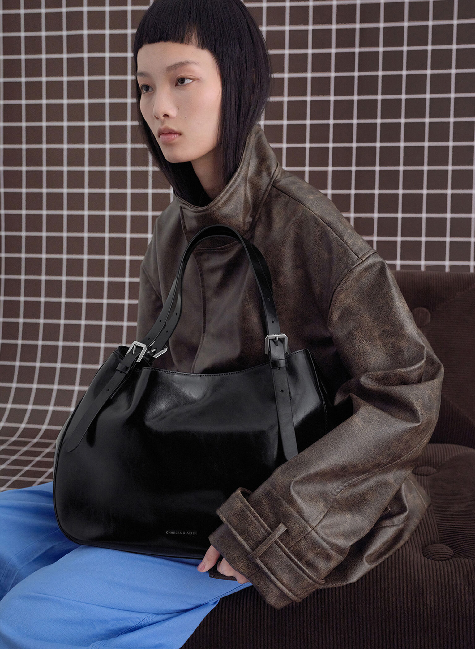 Buckle-Strap Slouchy Tote Bag, Noir, hi-res