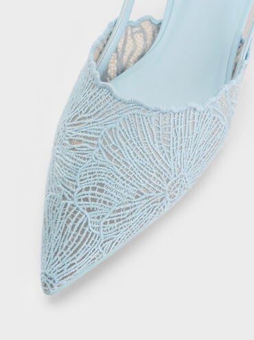 Crochet Floral Pointed-Toe Slingback Pumps, Blue, hi-res