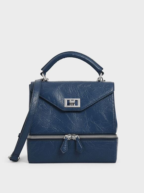 Wrinkled Effect Two-Way Zip Top Handle Bag, Blue, hi-res