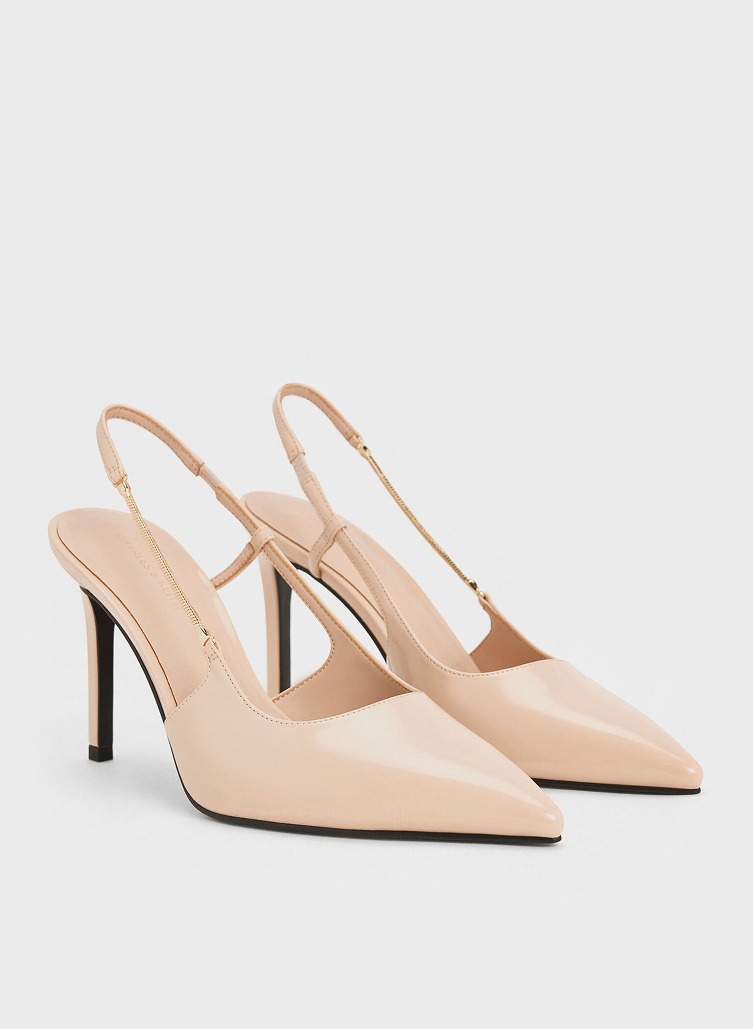Chain-Strap Pointed-Toe Slingback Pumps, Nude, hi-res