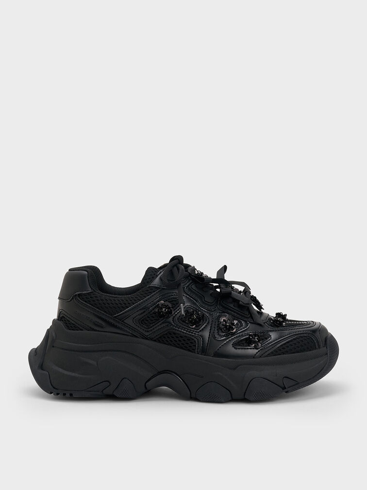Gaskell Flower-Embellished Chunky Sneakers, Black, hi-res