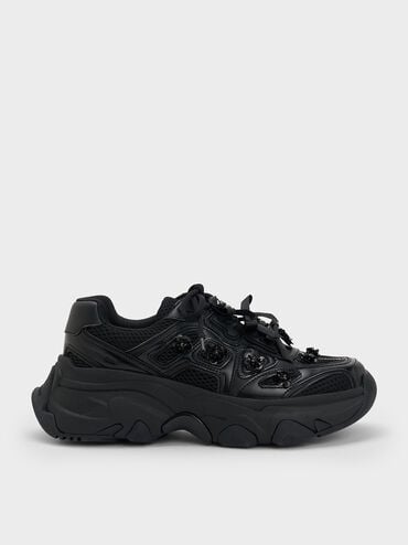 Gaskell Flower-Embellished Chunky Sneakers, Black, hi-res