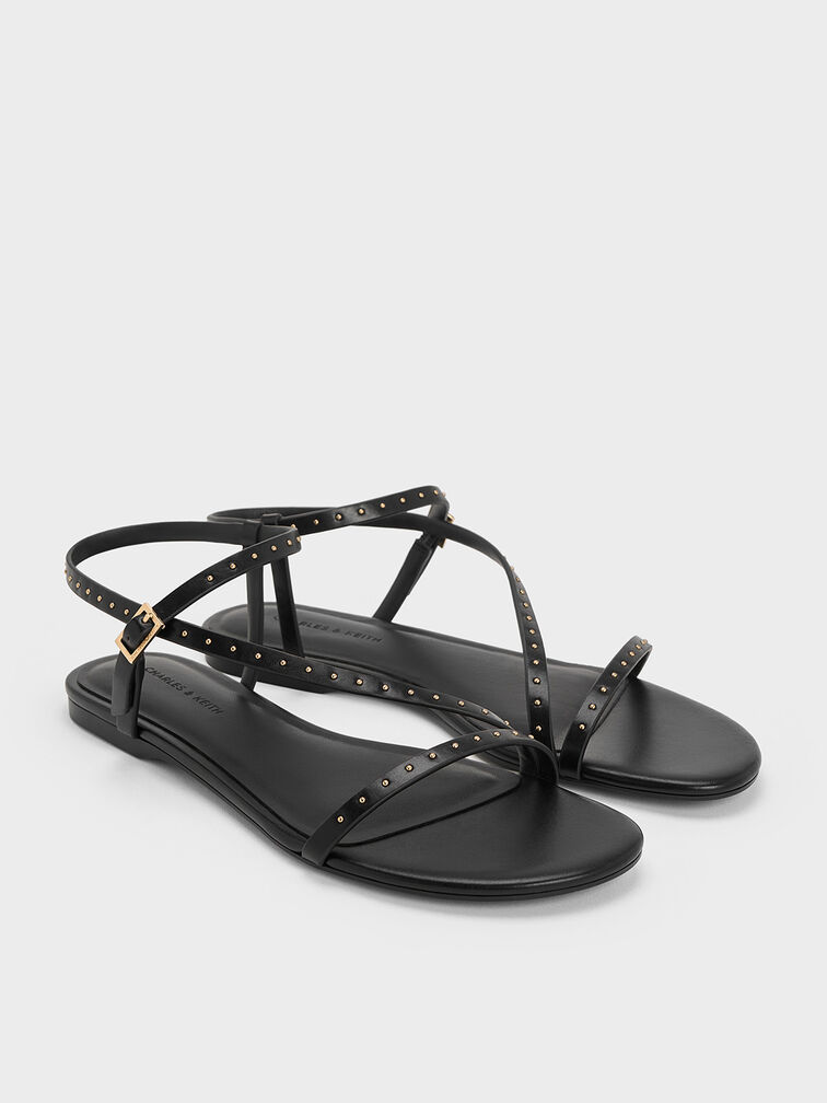 Studded Ankle-Strap Sandals, Black, hi-res