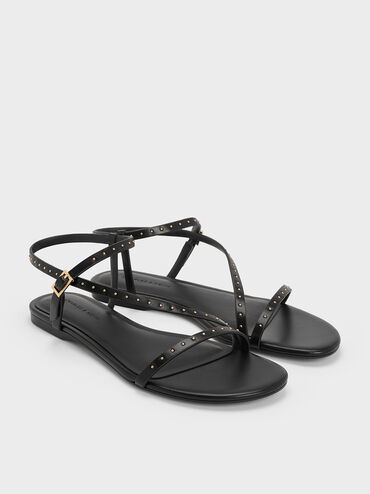 Studded Ankle-Strap Sandals, Black, hi-res