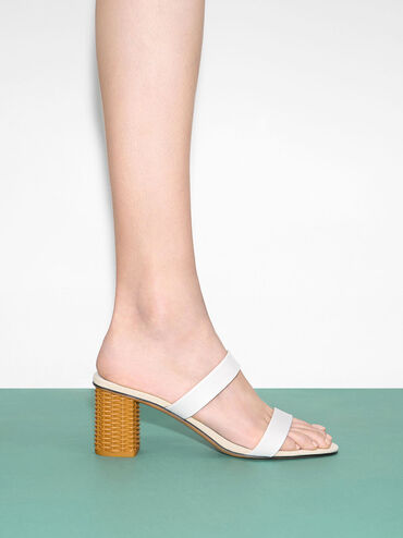 Rattan Block Heel Sandals, White, hi-res