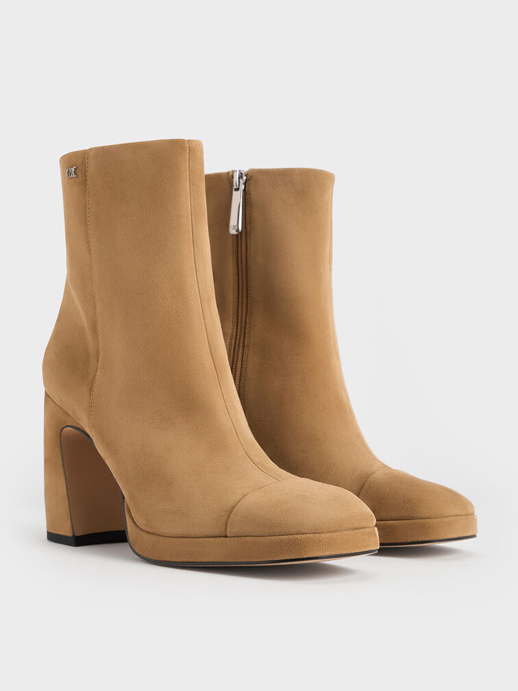 Jyll Suede Sculptural-Heel Ankle Boots, Caramel, hi-res