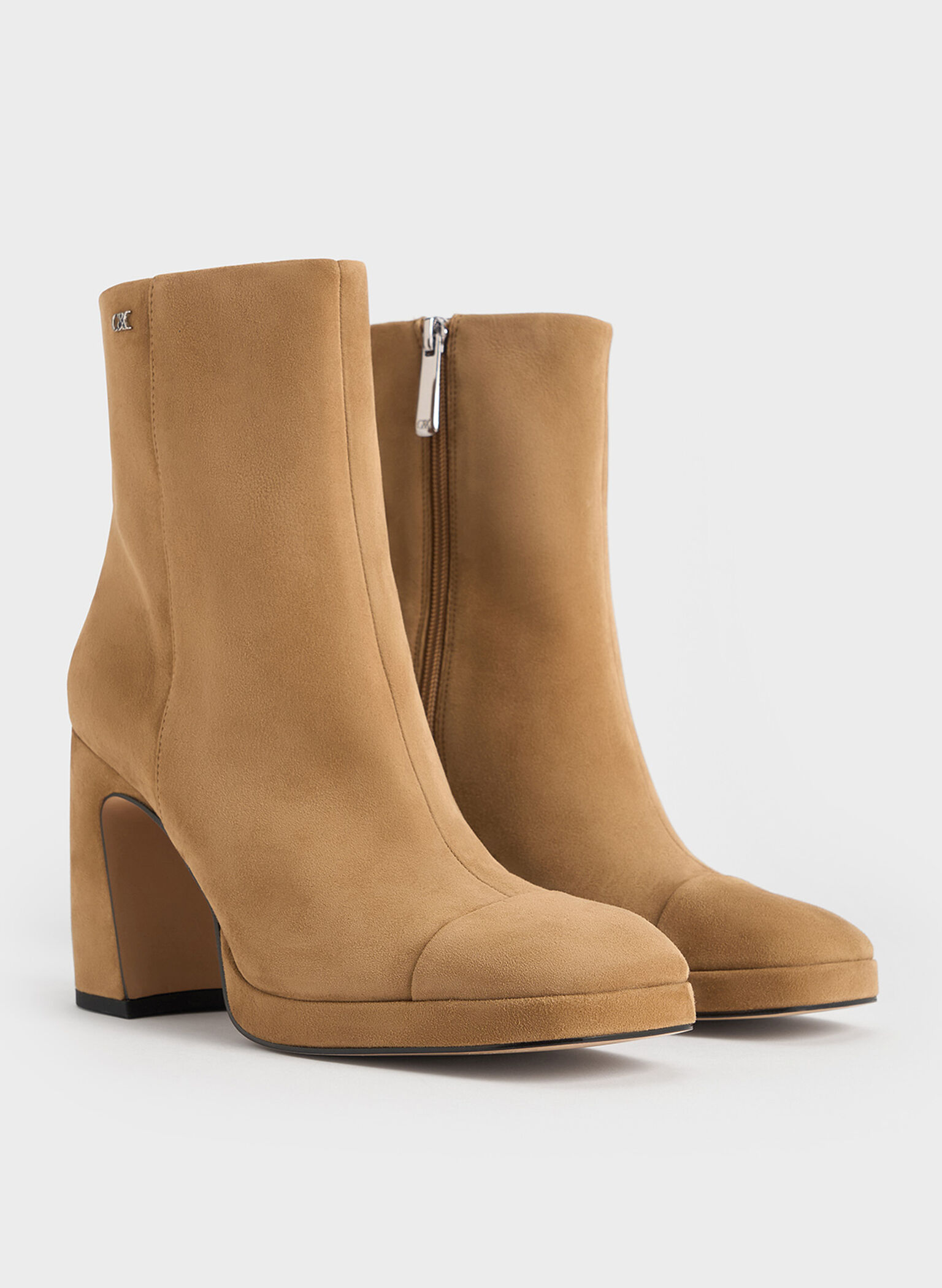 Jyll Suede Sculptural-Heel Ankle Boots, Caramel, hi-res