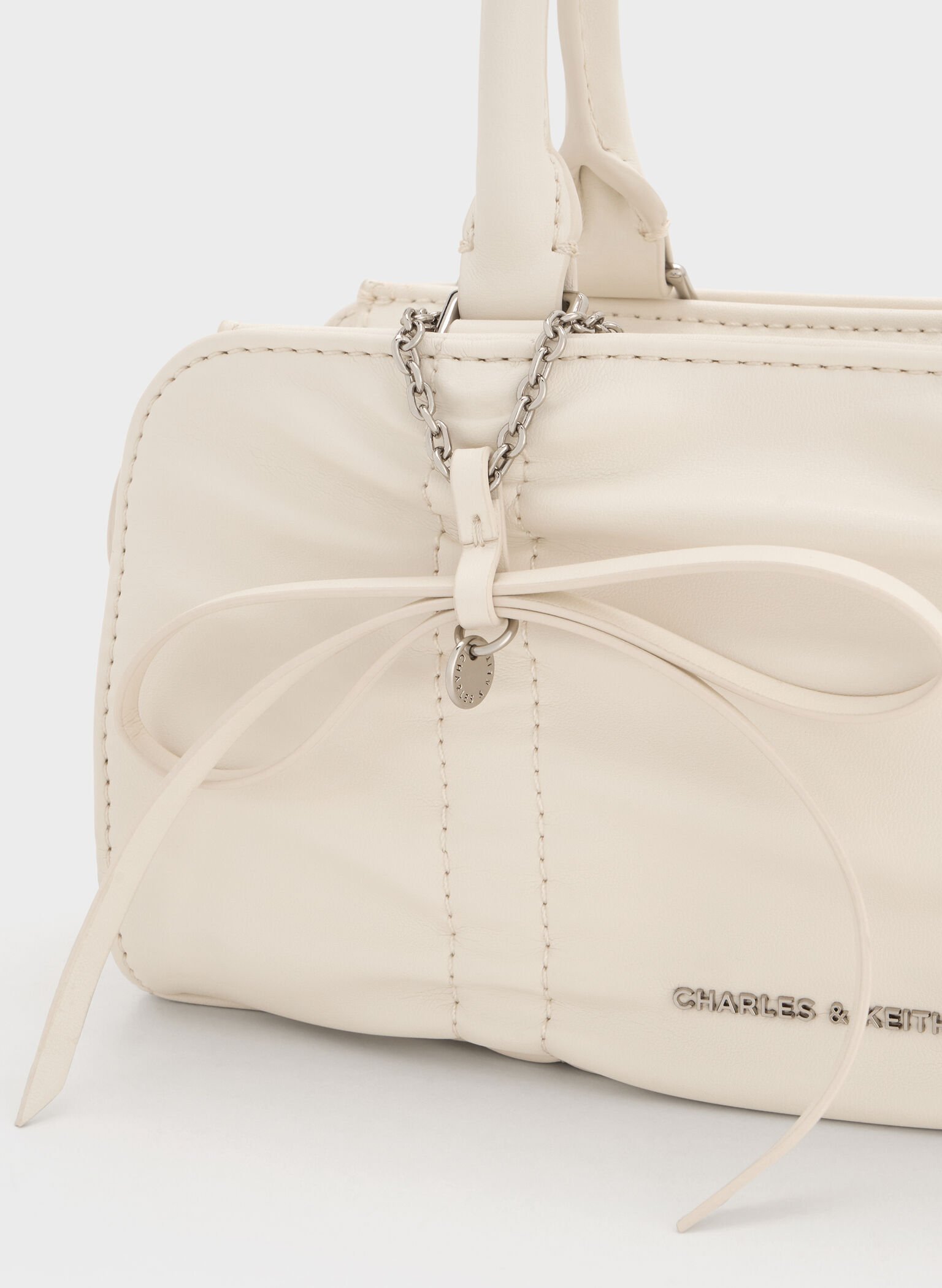 Kadee Ruched Bow-Charm Bowling Bag, Cream, hi-res