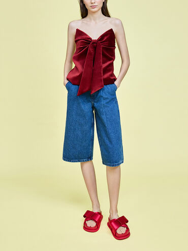 Satin Bow Flatform Sandals, Red, hi-res
