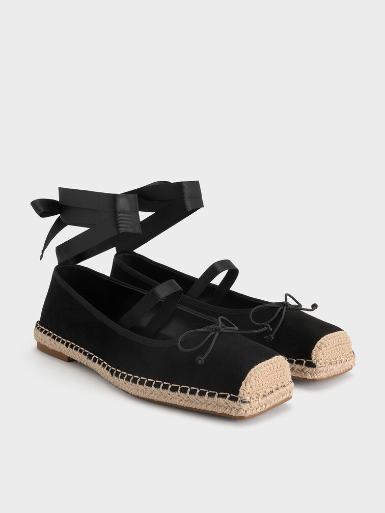 Faux Suede Bow Tie-Around Espadrille Ballet Flats, Black Textured, hi-res