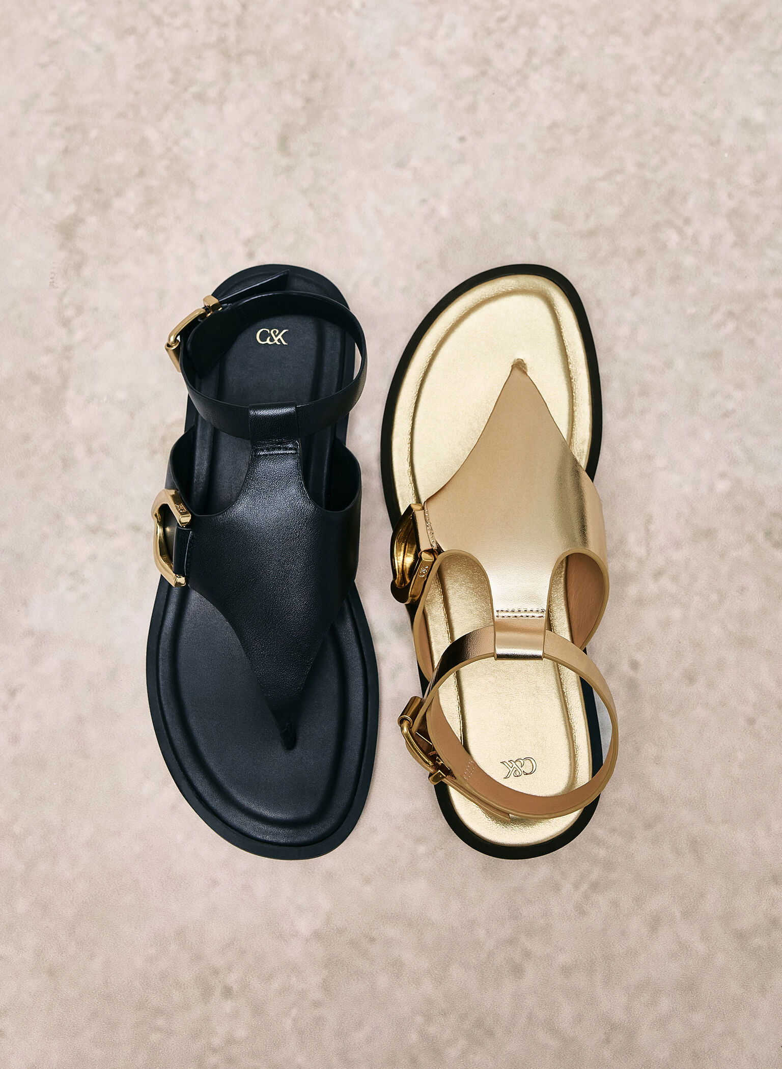 Gabine Metallic Leather Ankle-Strap Thong Sandals, Gold, hi-res