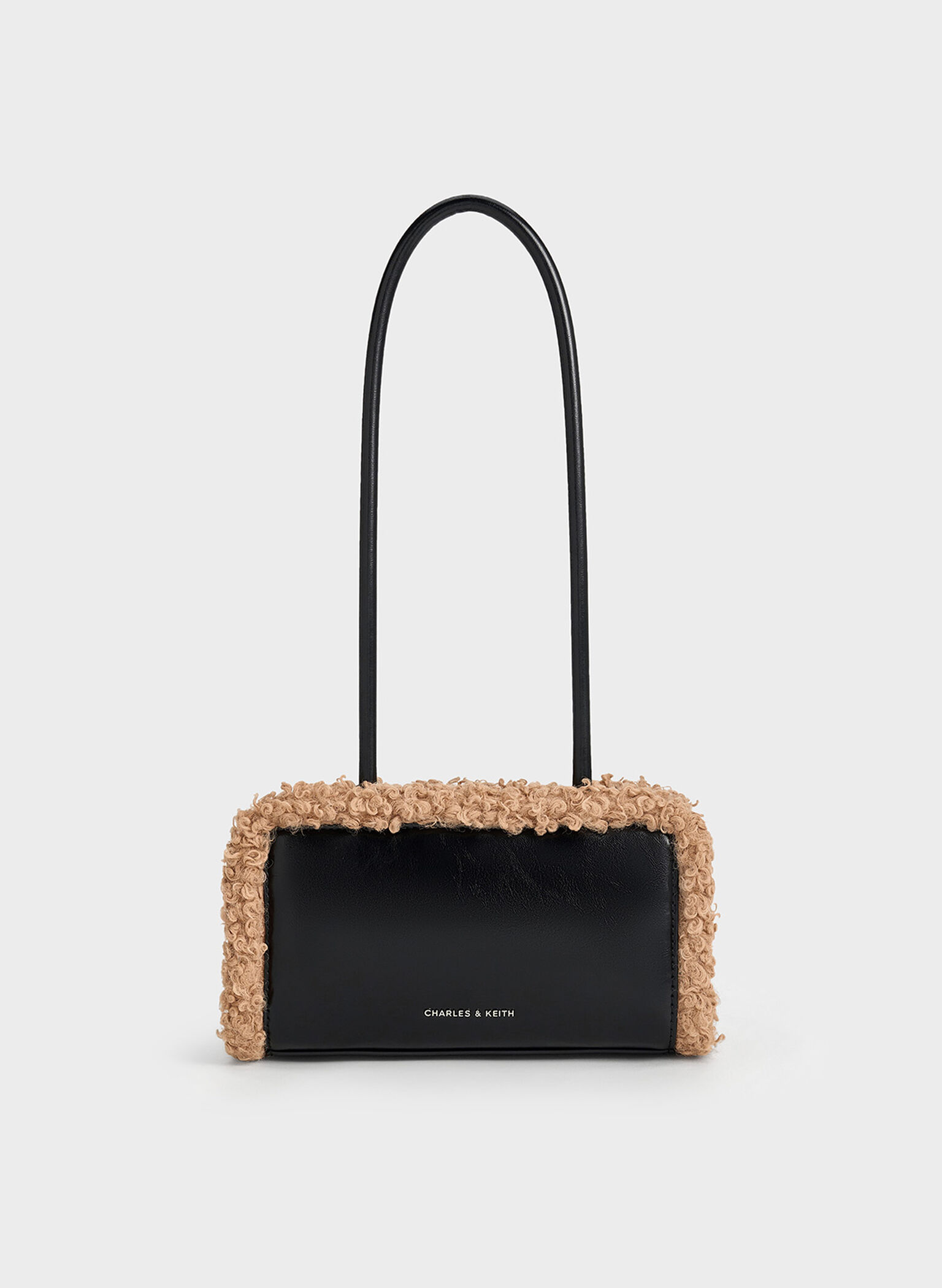 Fur-Trim Elongated-Handle Shoulder Bag, Camel, hi-res