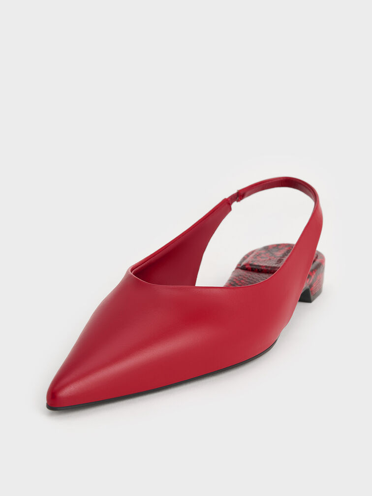 Pointed-Toe High-Vamp Slingback Flats, Red, hi-res