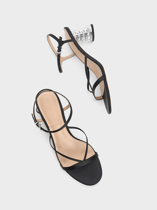 Embellished Heel Recycled Polyester Sandals, Black, hi-res