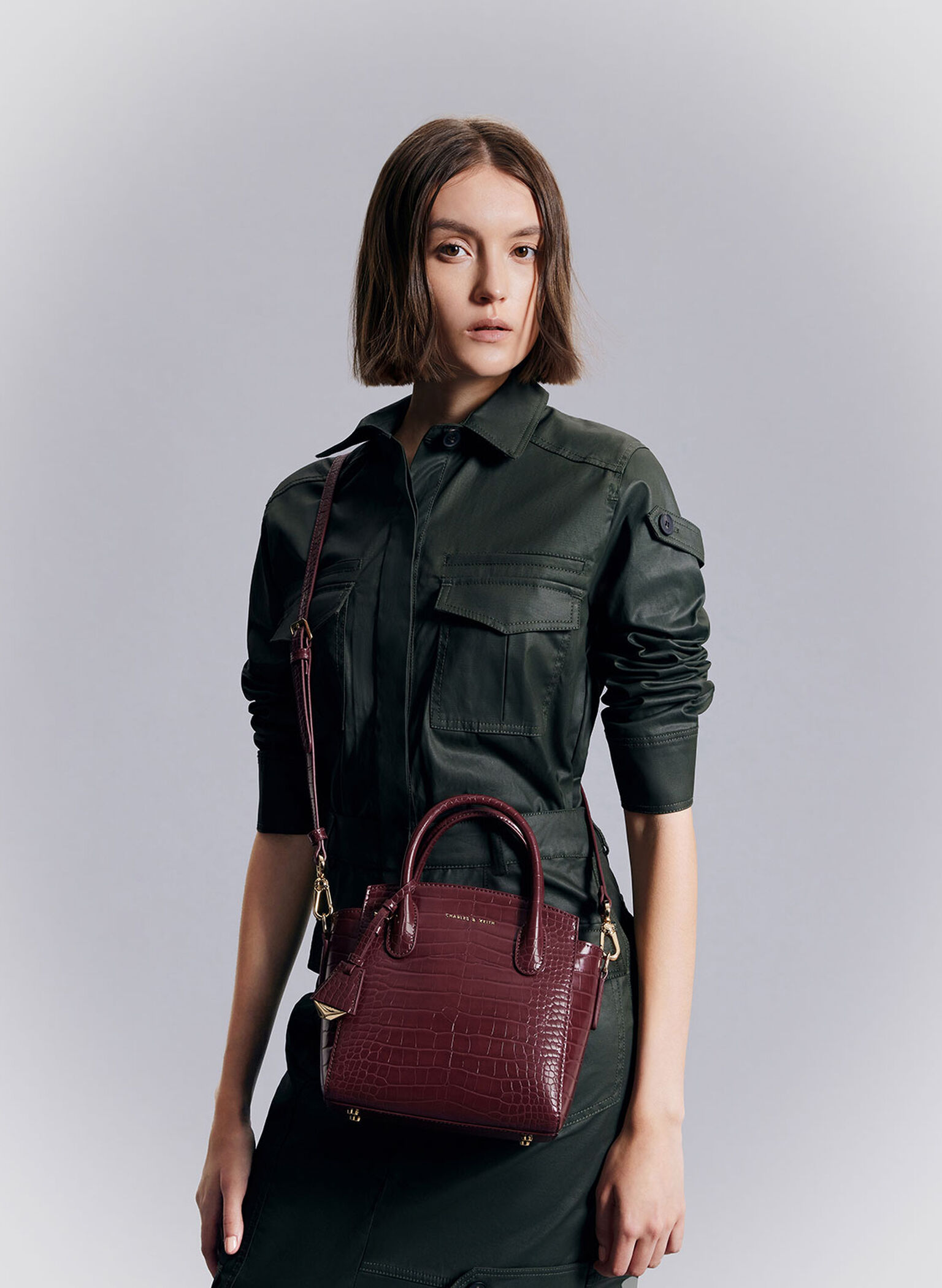 Harper Croc-Effect Structured Top Handle Bag, Burgundy, hi-res