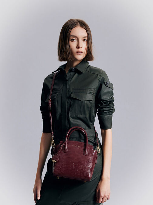 Croc-Effect Trapeze Structured Tote Bag, Burgundy, hi-res