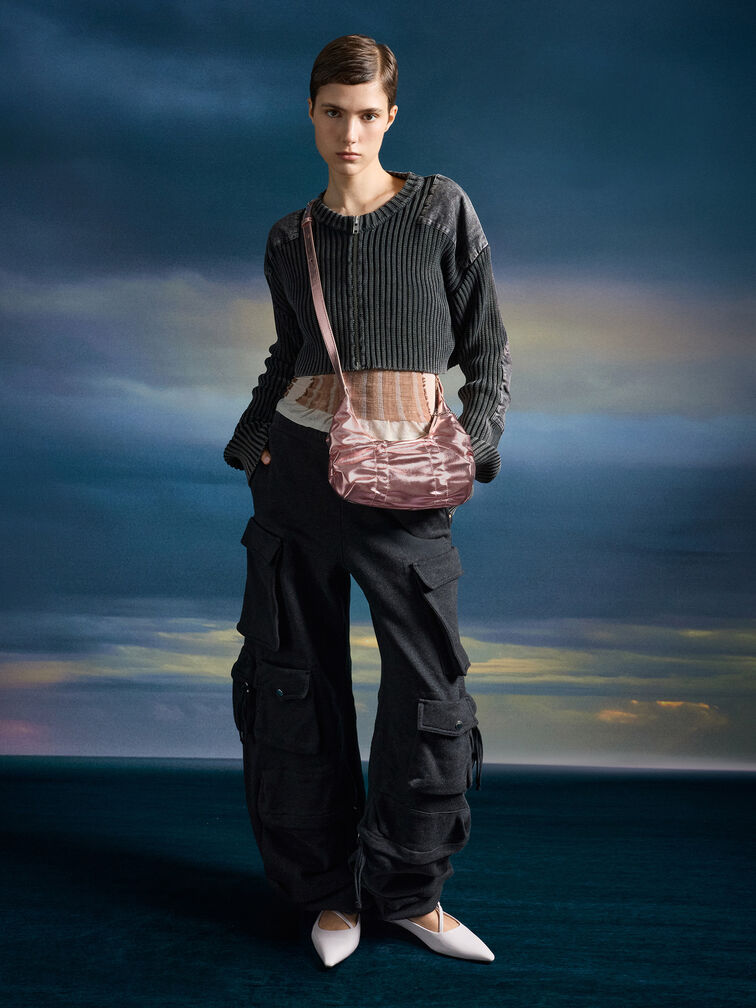 Kadee Metallic Ruched Bow-Charm Hobo Bag, Aura Pink, hi-res