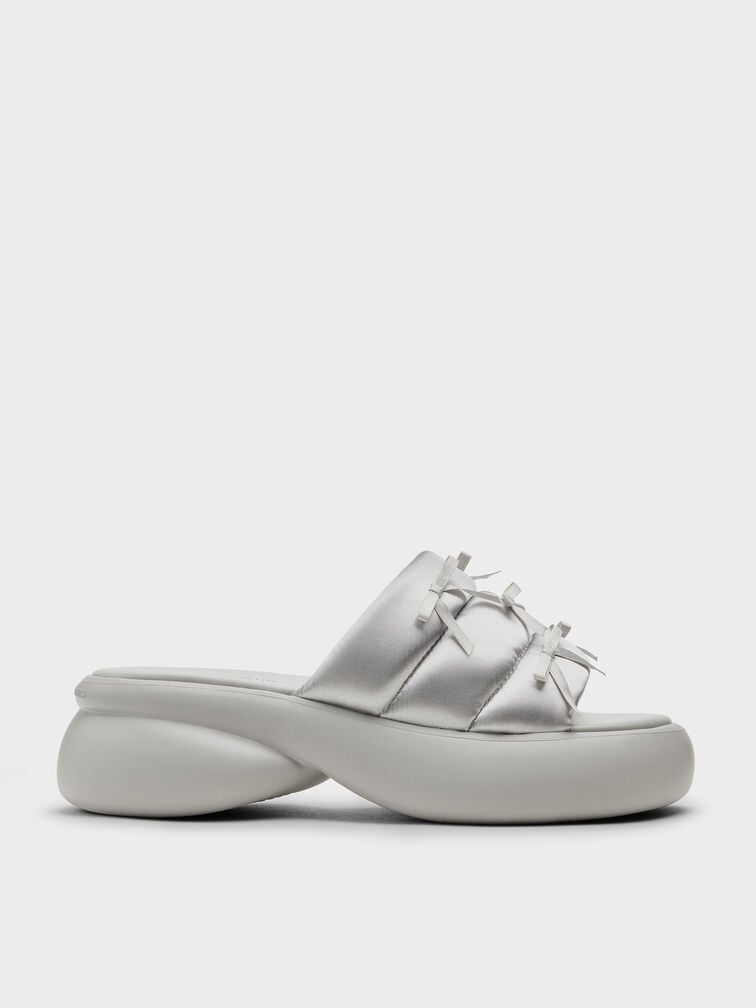 Recycled Polyester Bow Puffy Sports Sandals, Light Grey, hi-res