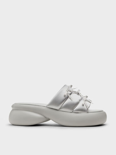 Recycled Polyester Bow Puffy Sports Sandals, Light Grey, hi-res