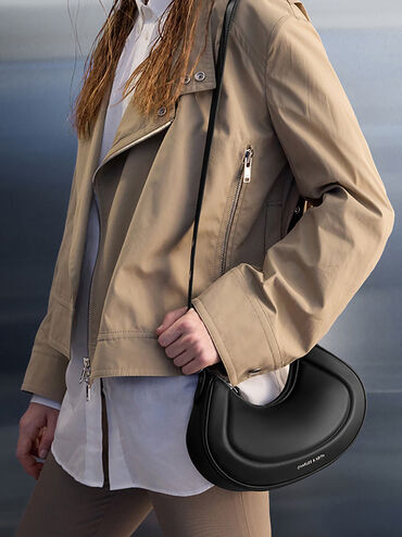 Petra Grommet-Strap Curved Shoulder Bag, Noir, hi-res