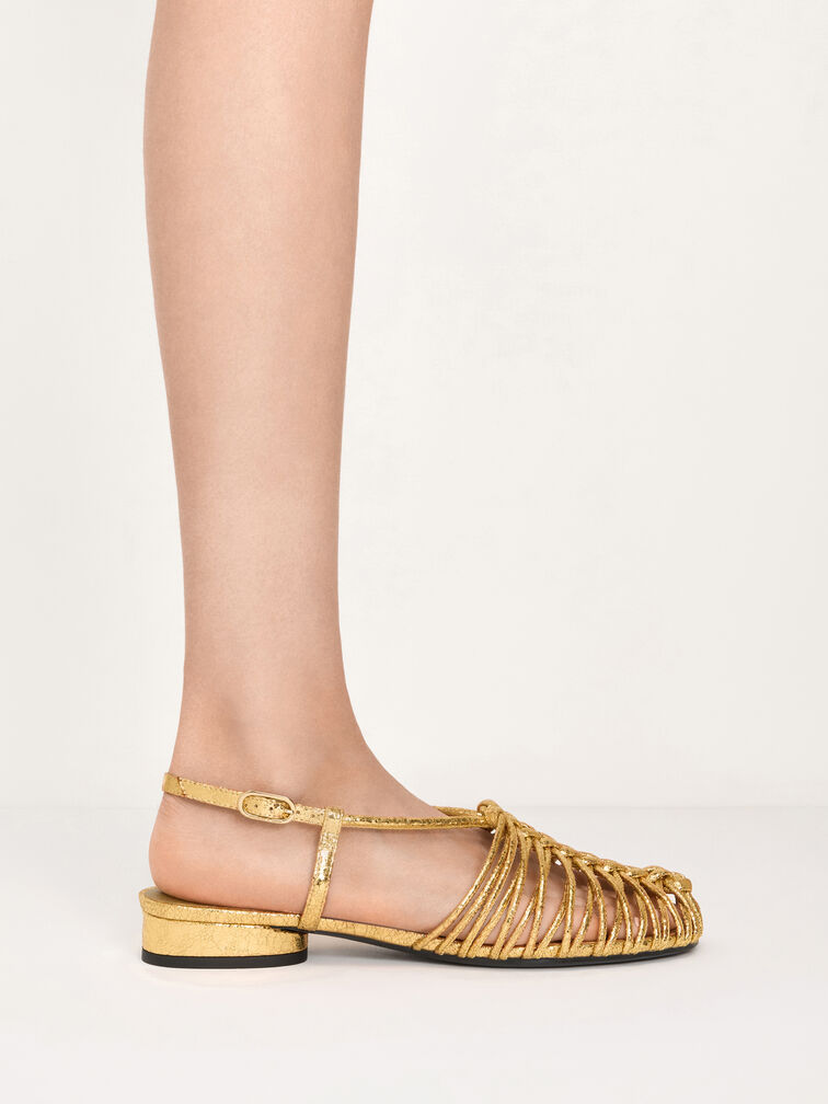 Linnea Metallic Woven Slingback Caged Sandals, Gold, hi-res