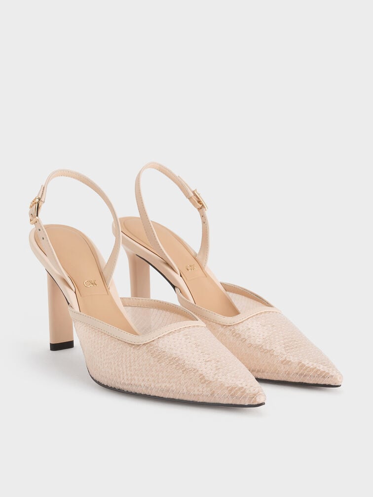 Sequin Mesh & Leather Pointed-Toe Slingback Pumps, Nude, hi-res