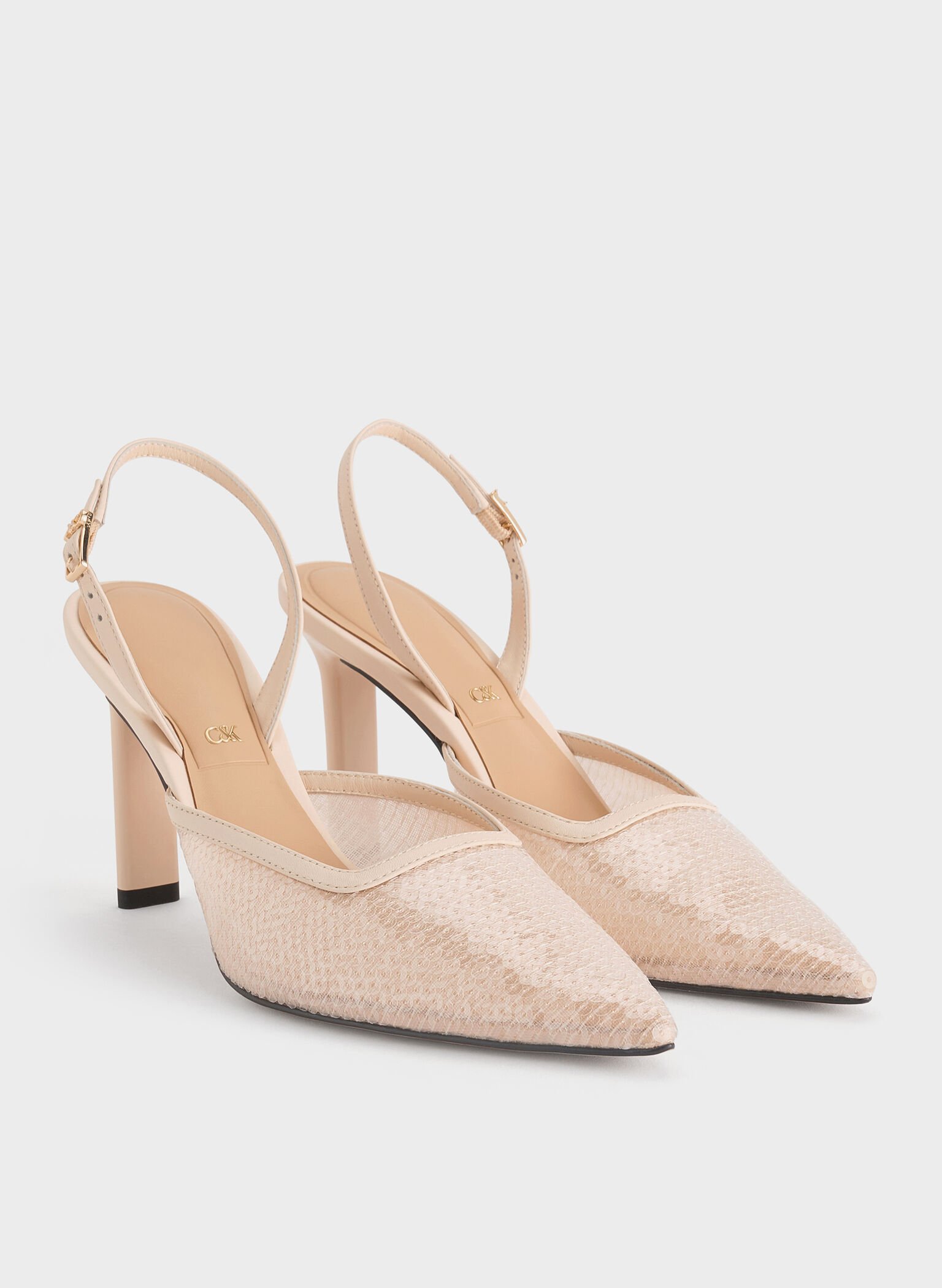 Sequin Mesh & Leather Pointed-Toe Slingback Pumps, Nude, hi-res