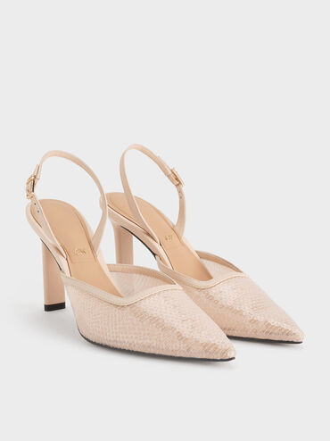 Sequin Mesh & Leather Pointed-Toe Slingback Pumps, Nude, hi-res