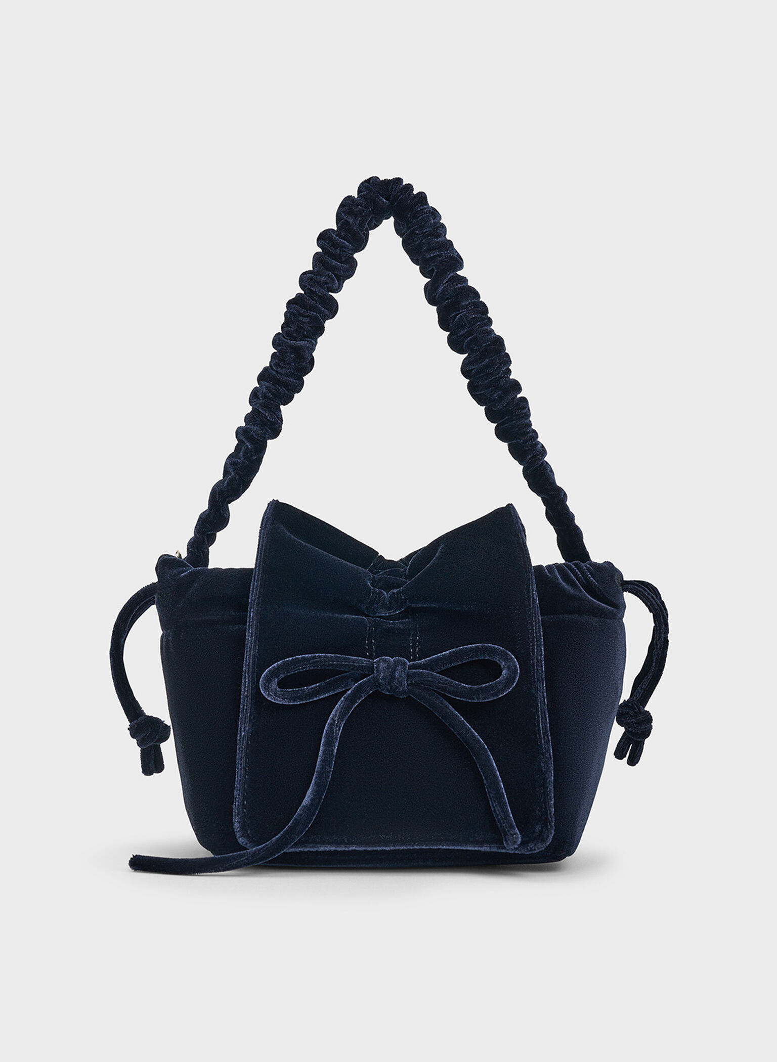 Velvet Bow Ruched Top Handle Bag, Dark Blue, hi-res