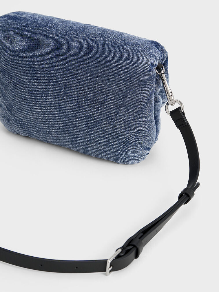 Paffuto Denim Metallic Accent Chain-Handle Bag, Denim Blue, hi-res