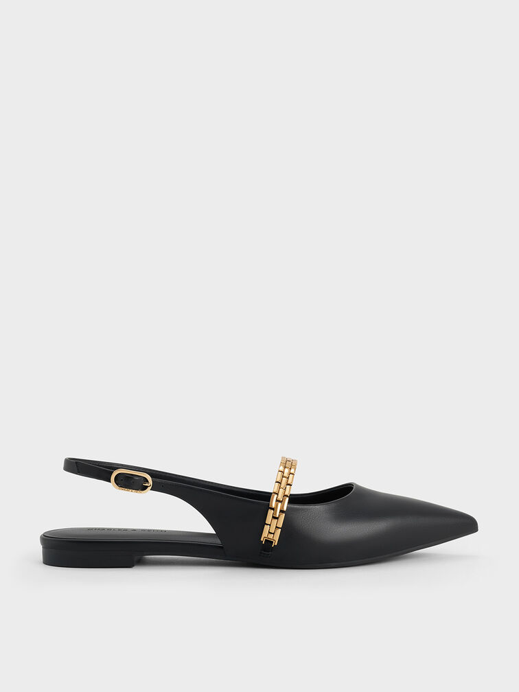 Chain-Strap Pointed-Toe Slingback Flats, Black, hi-res