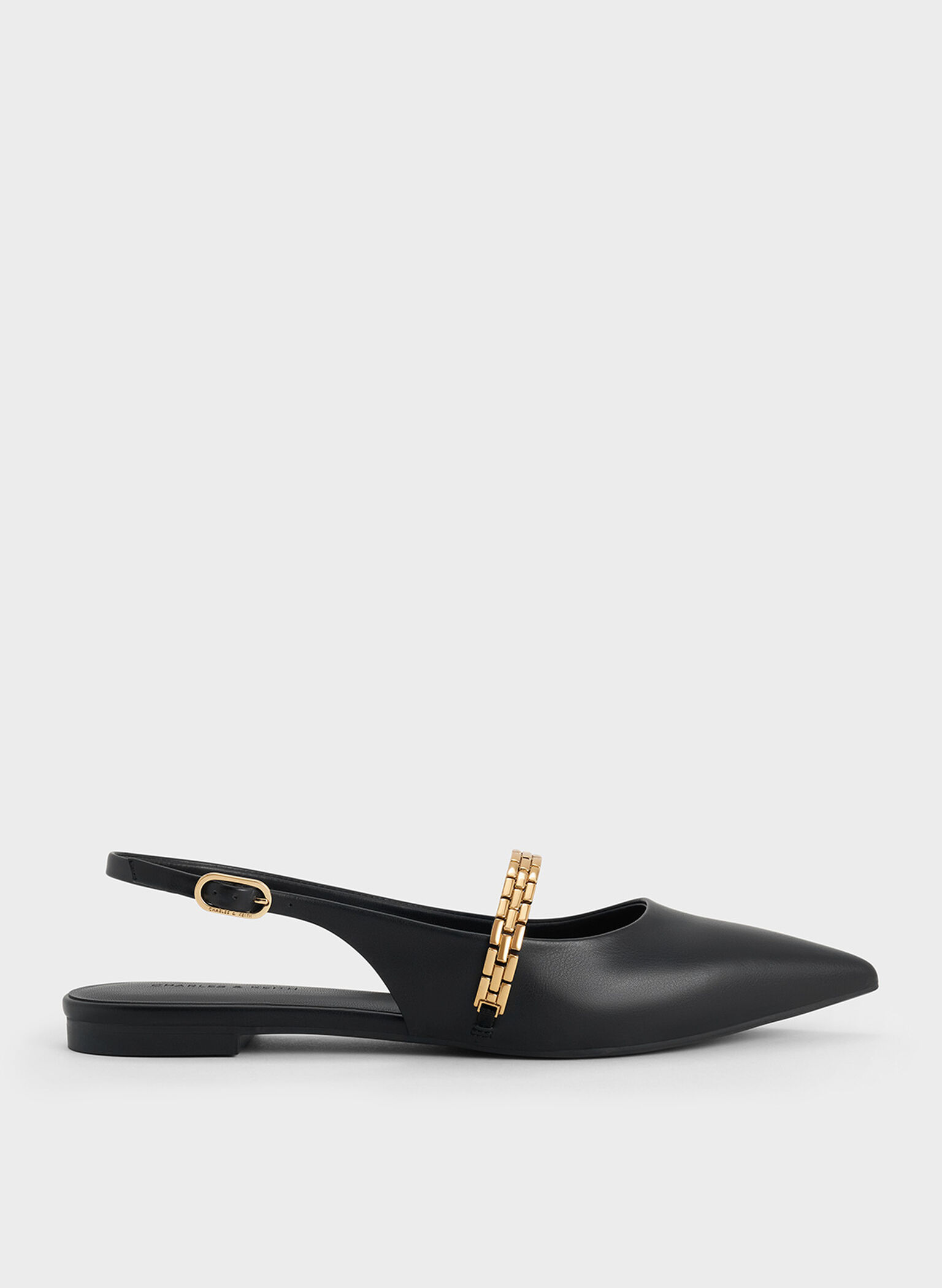 Chain-Strap Pointed-Toe Slingback Flats, Black, hi-res