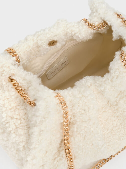 Cyrus Furry Slouchy Chain-Handle Bag, Cream, hi-res
