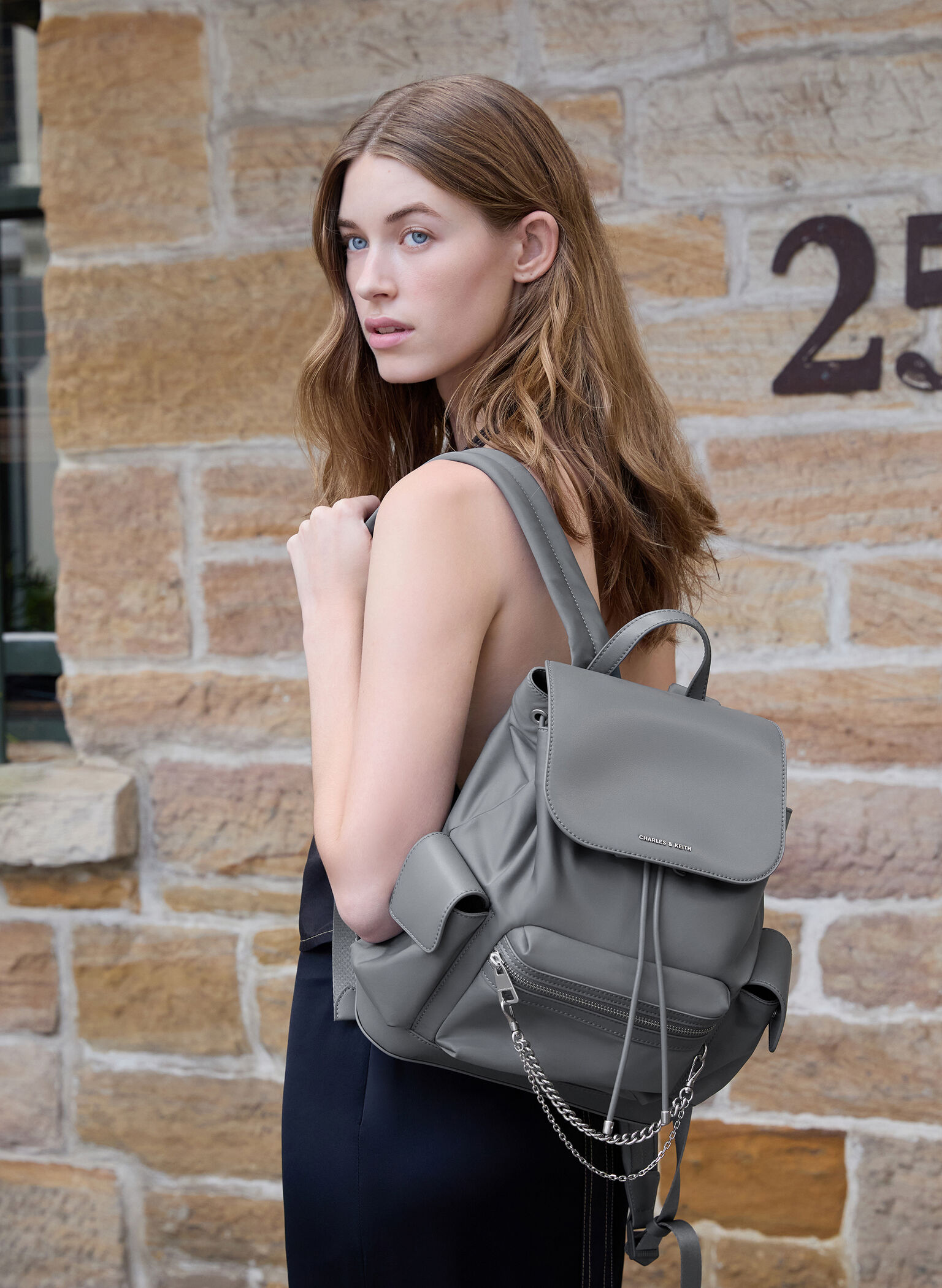 Nylon Puffy Chain-Link Backpack, Grey, hi-res