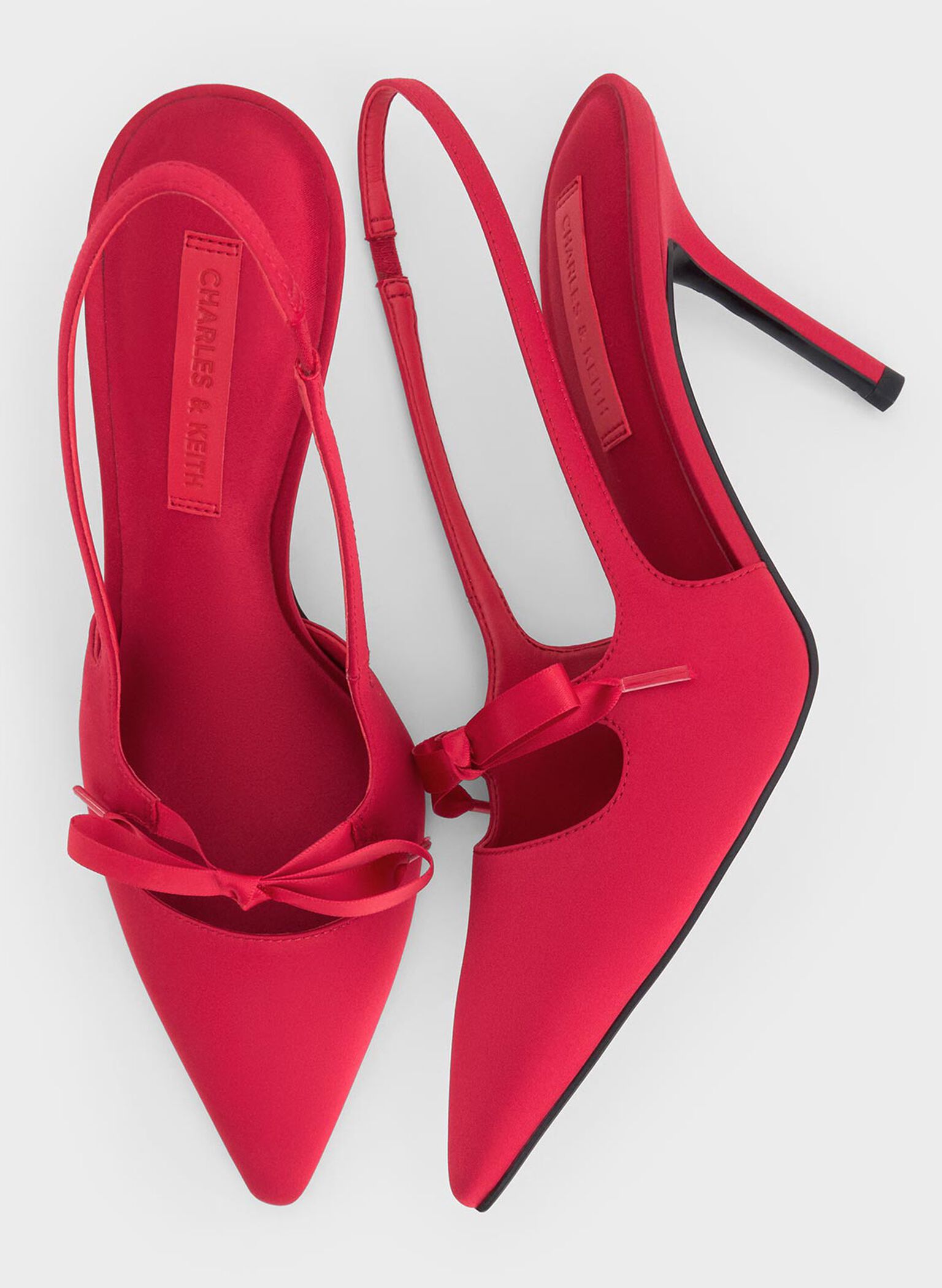 Satin Bow Pointed-Toe Slingback Pumps, Red, hi-res