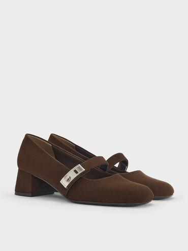 Lando Faux Suede Metallic-Buckle Mary Jane Pumps, Dark Brown Textured, hi-res