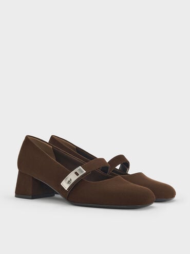 Lando Faux Suede Metallic-Buckle Mary Jane Pumps, Dark Brown Textured, hi-res