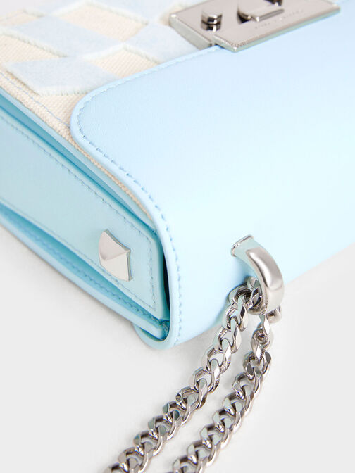 Metallic Push-Lock Checkered Chain Bag, Light Blue, hi-res