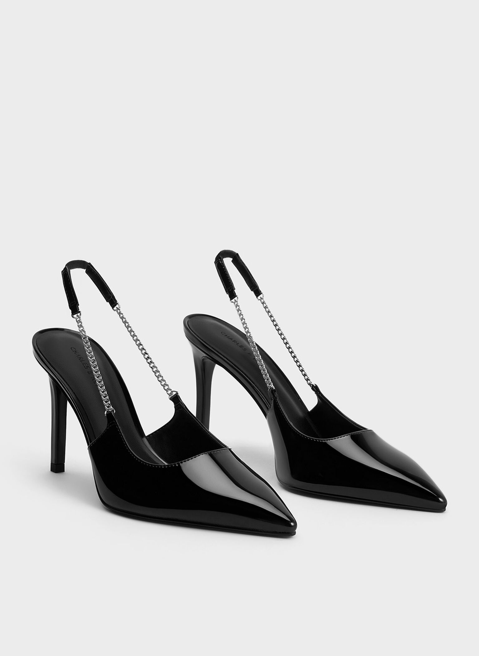Patent Chain-Link Pointed-Toe Slingback Pumps, Black Patent, hi-res