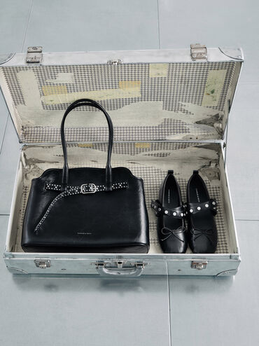 Victoria Studded Belted Trapeze Tote Bag, Noir, hi-res