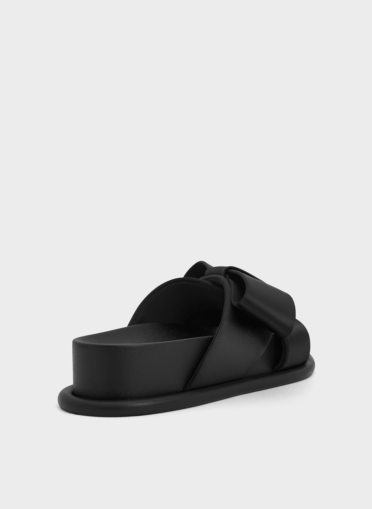 Satin Bow Flatform Sandals, Black Textured, hi-res
