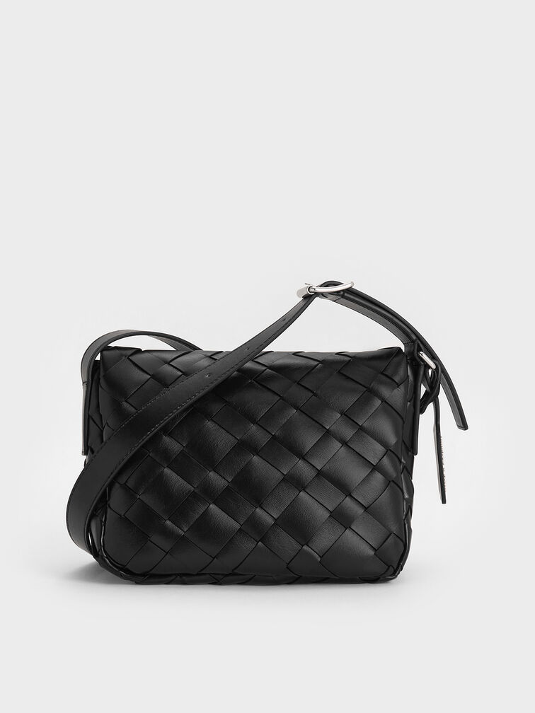 Ivette Woven Front Flap Crossbody Bag, Noir, hi-res