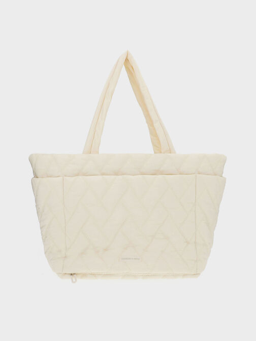 Nylon Chevron Tote Bag, Cream, hi-res